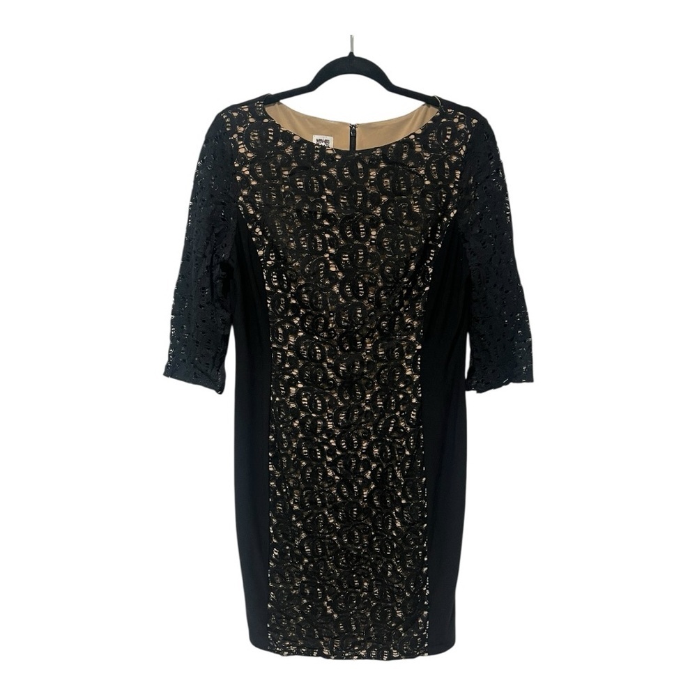 Anne Klein Black Beige Modest Lace Front Short Sleeve Dress Size 12‎